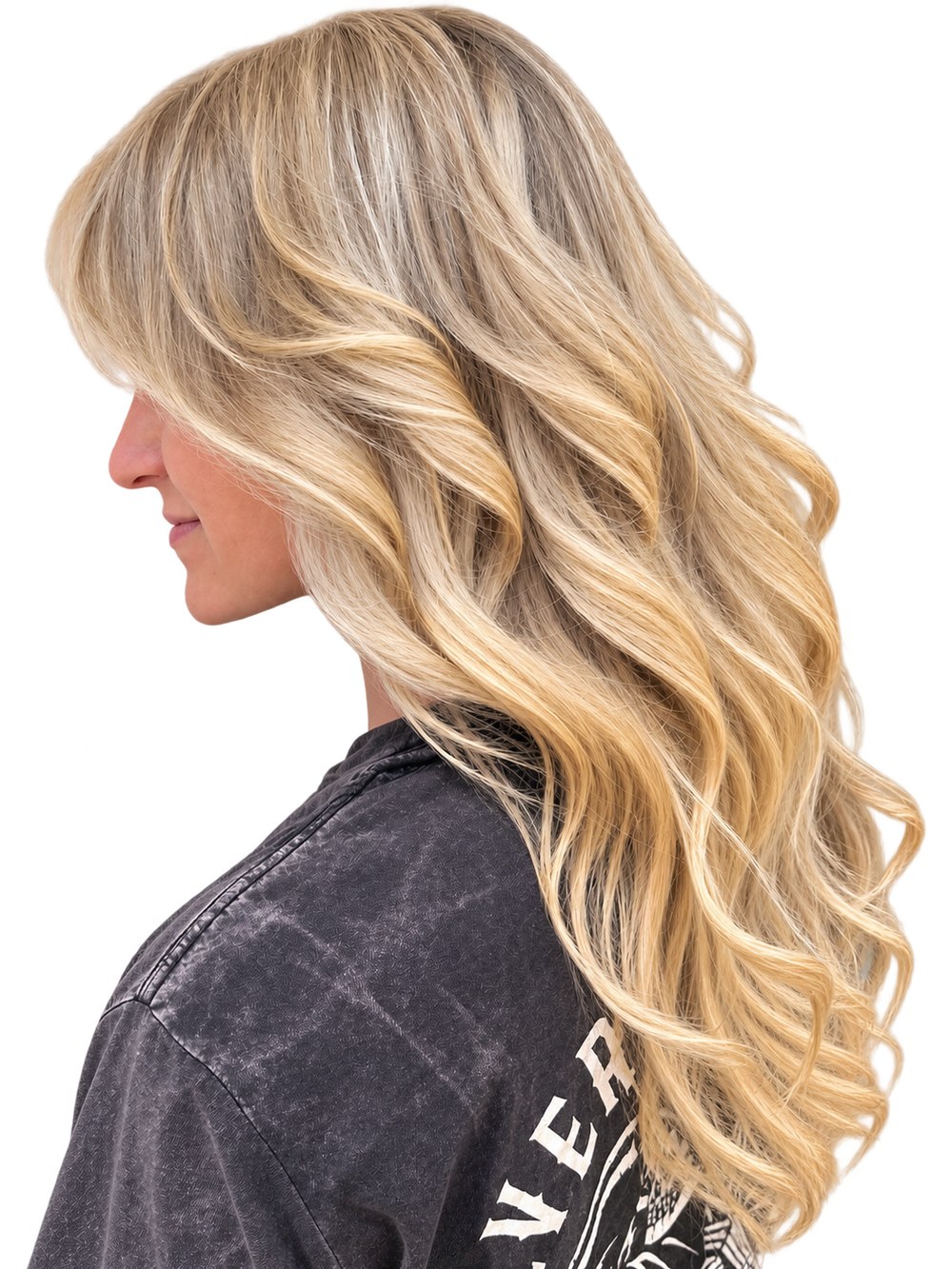 Long blonde balayage waves with dimensional highlights, hair color by Aubree at Blonde Faith in Carrollton, GA